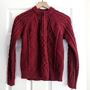 ll bean classic red cable knit zip neck sweater